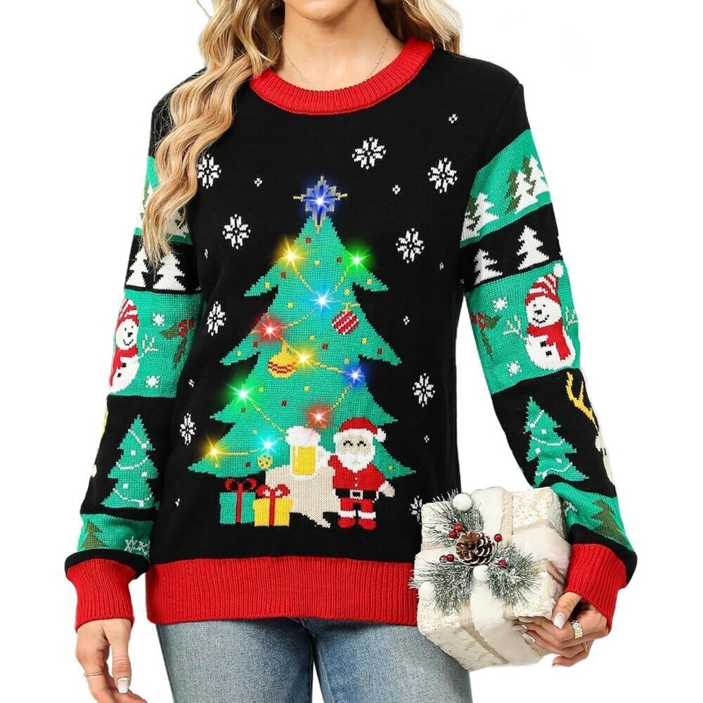 Women Ugly Christmas Sweater LED Lights Tree Funny Holiday Party X-Large